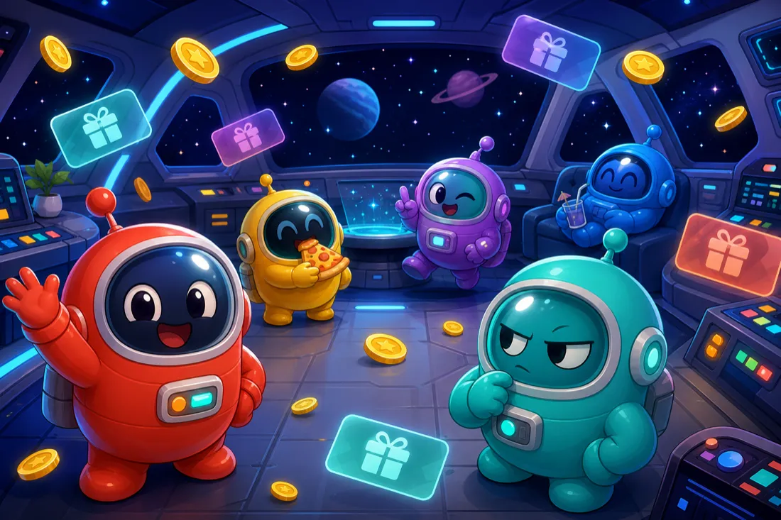 Original cute astronaut characters on a spaceship with floating gift-card rewards